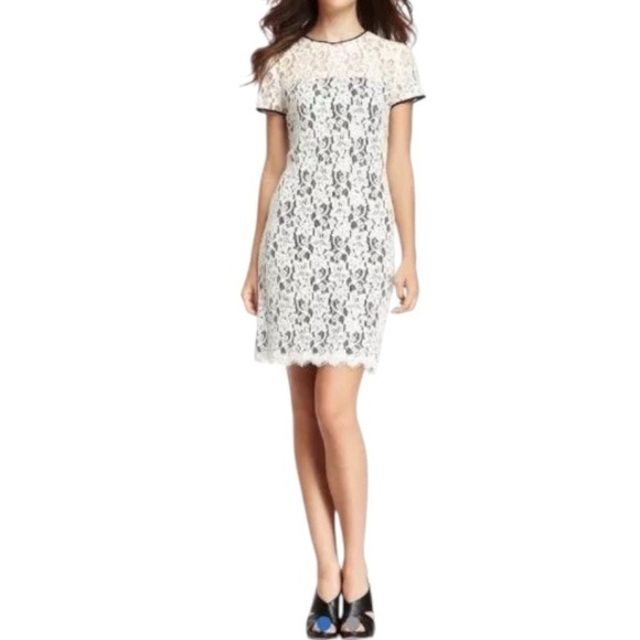 Diane von Furstenberg Barbie Lace Overlay Stretch Dress - Ivory Black - Size 10 - Picture 6 of 13